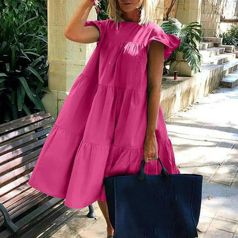 symoid Long Dresses for Women- Summer Fashion Casual Crew Neck Solid Ruffle Loose Dress Hot Pink ... | Walmart (US)
