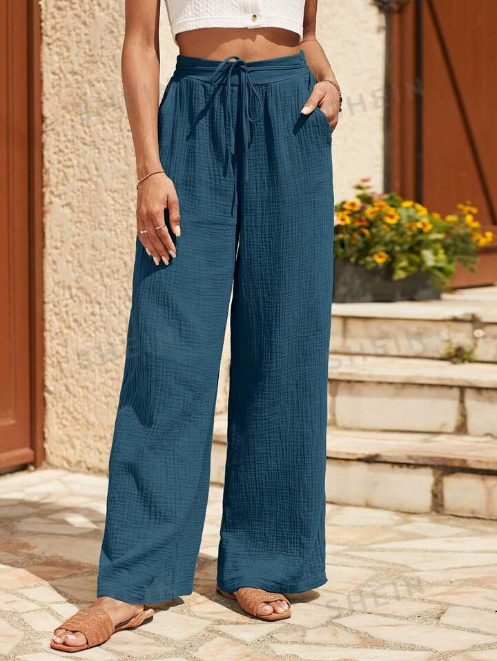 SHEIN Frenchy Drawstring Waist Wide Leg Pants | SHEIN