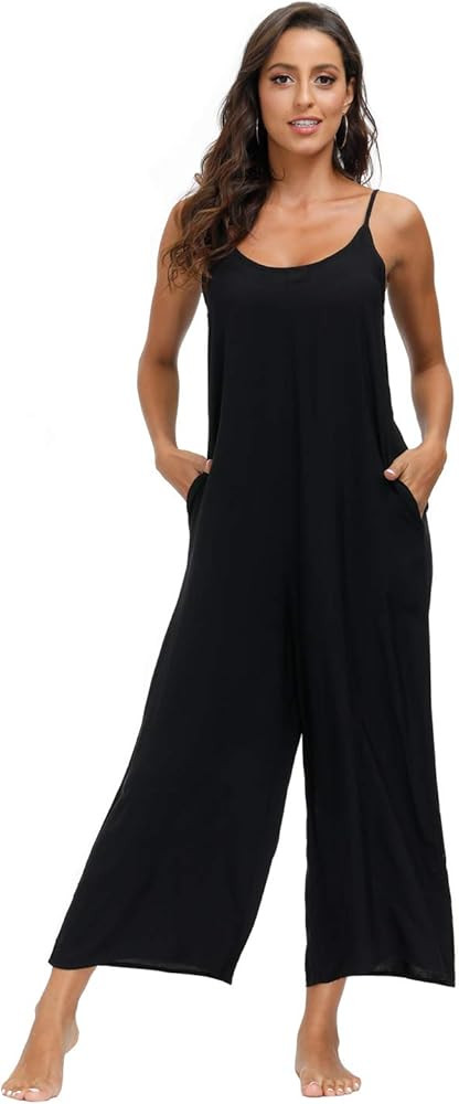 wexcen Womens Floral Printed Jumpsuits Casual Sleeveless Spaghetti Strap Rompers Wide Leg Pants with | Amazon (US)