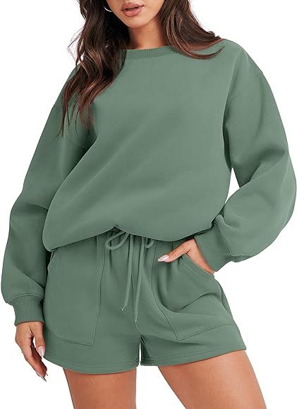 ANRABESS Women 2 Piece Outfits Sweatsuit Oversized Sweatshirt & Lounge Shorts 2023 Casual Cozy Pajam | Amazon (US)
