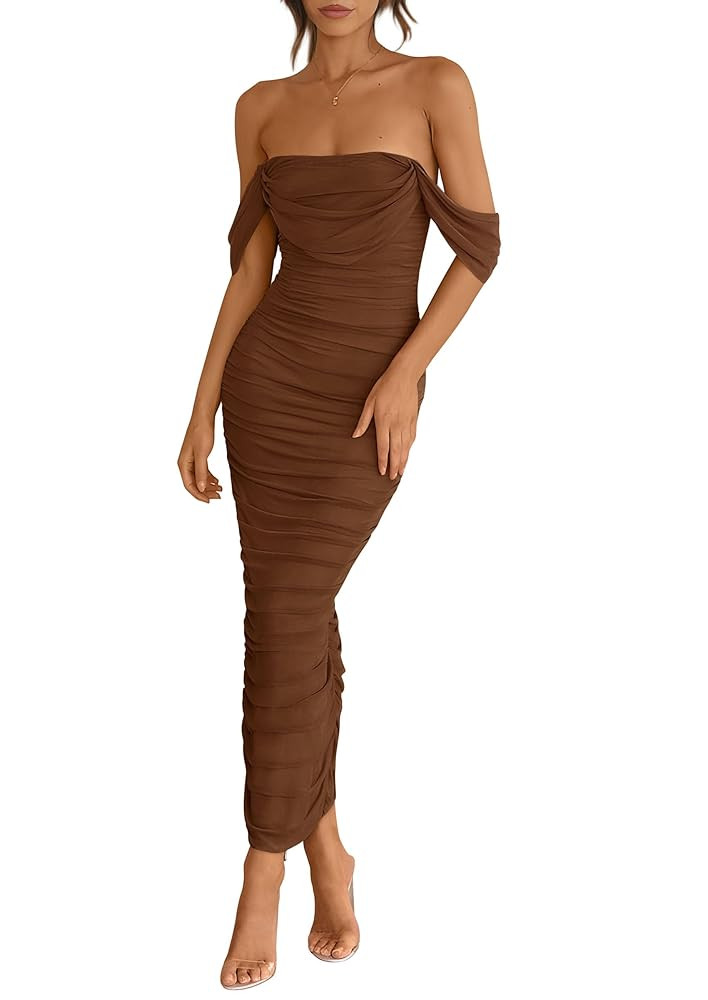 Amazon.com: PRETTYGARDEN Womens 2025 Summer Off The Shoulder Dress Ruched Bodycon Sleeveless Spli... | Amazon (US)