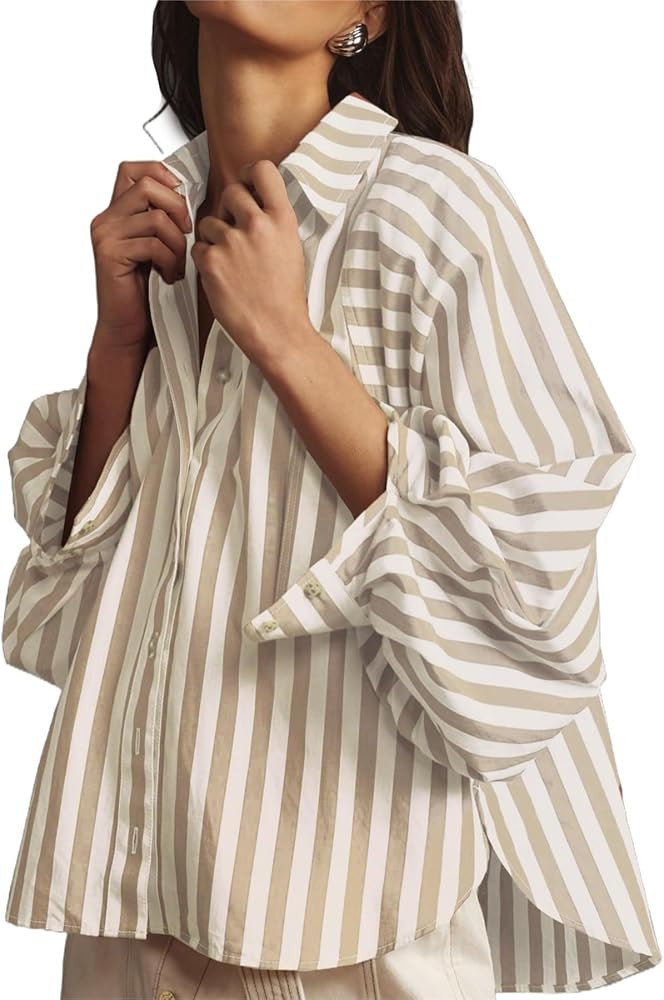 Oversized Button Down Shirts for Women Striped Batwing Long Sleeve Blouses Boyfriend Collared Top... | Amazon (US)