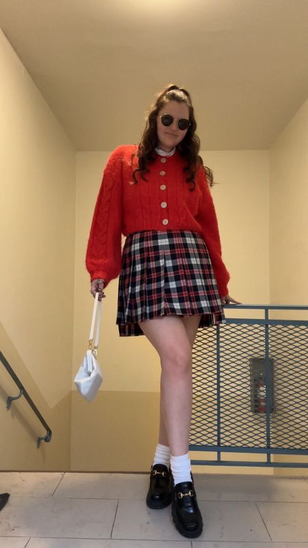 Thom Browne Tartan Pleated High-Low Miniskirt, on sale, nordstrom, fall / winter, plaid skirt, red, white, navy blue check, tartan, free people x REVOLVE Willow Cardi in Fiery Red Combo, red cardigan, amazon Womens Long Sleeve white Turtleneck, jewelry from Amazon (hoop earrings, rings), colorful clothing, gucci Romance Horsebit-chain chunky-sole leather loafers, Amazon Hanes Women's Value, Crew Soft Moisture-Wicking Socks, rayban sunglasses, VIVIENNE WESTWOOD Vivienne's moiré tote bag, white designer bag, spring / summer, neutrals, gold, handbag, purse

#LTKsalealert #LTKfindsunder100 #LTKVideo