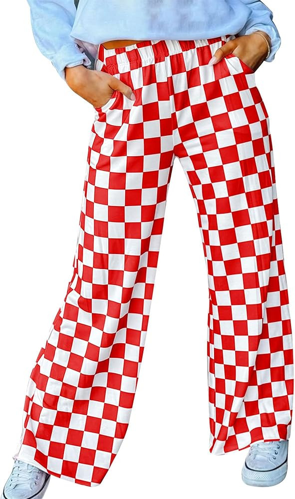 Womens Checkered Pants Y2K Pajama Pants Elastic Waist Wide Leg Lounge Pants Comfy Pj Bottoms with... | Amazon (US)