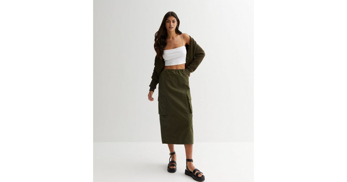 Khaki Twill Ruched Utility Midi Skirt
						
						Add to Saved Items
						Remove from Saved Ite... | New Look (UK)