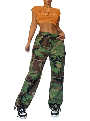 SDNGED Camo Cargo Pants for Women,Womens Drawstring Elastic Waist Cargo Pants with Pocket,Baggy Camouflage Pants for Women | Amazon (US)