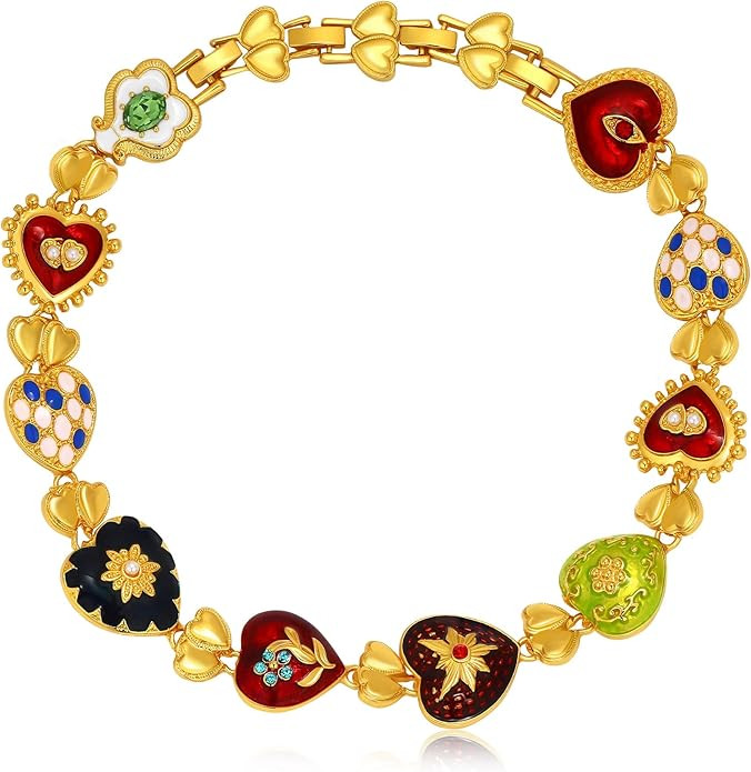 Statement Necklace for Women Chunky Choker Necklace Vintage Pink Cameo Heart Flower Charm Colorfu... | Amazon (US)