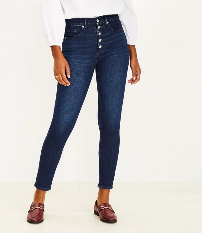 Curvy Button Front High Rise Skinny Jeans in Dark Indigo Wash | LOFT
