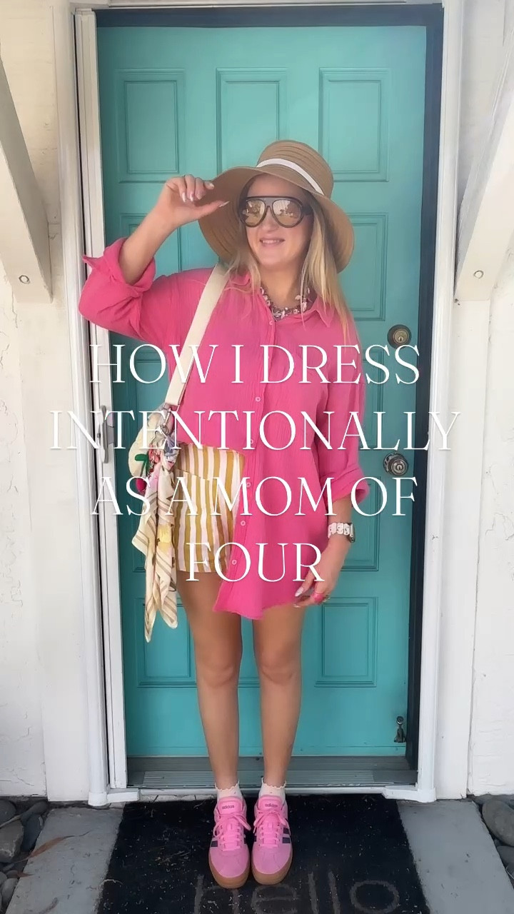 Surviving the end-of-school-year chaos, but making it colorful! 🎨✨ Today called for an outdoor kid's event, so the outfit criteria was strict: 1) comfortable enough to chase toddlers in the grass, and 2) still felt like ME (aka bright, joyful, and intentional). 

I am completely obsessed with this color combination! I styled these super cute mustard yellow striped shorts (they have cute patch pockets in the front!) with a vibrant hot pink lightweight gauze button-down shirt. For footwear, I went with my go-to pink Adidas Gazelles to keep it toddler-proof but stylish. 👟🌈

To accessorize, I added a neutral puffer shoulder bag but leveled it up by tying on a colorful scarf and a fun cherry charm. Finished the look with a casual bucket hat and these amazing oversized tortoise shell aviator sunglasses with yellow lenses. 

🛒 SHOP THE LOOK: 
The exact shorts, shoes, sunglasses, bag, and charms are all linked below! My exact Aerie hot pink gauze shirt is an older piece from my closet, so I have linked a nearly identical current version from Amazon so you can easily recreate this exact look, plus a link to check Poshmark for this top! 

Follow my shop for daily colorful outfit inspiration, realistic mom style, and intentional dressing ideas. 

#LTKunder50 #LTKstyletip #LTKtravel #momstyle #colorfuloutfits #casualoutfit #adidasoriginals #streetwearfashion #summerstyle #intentionaldressing 


#LTKmomlife #LTKgrwm #LTKootd