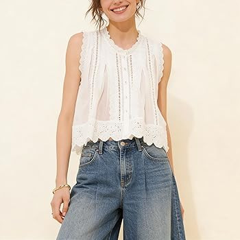 Womens Tie Front Vest Top Floral Embroidered Eyelet Tank Tops Sleeveless Going Out Shirts | Amazon (US)