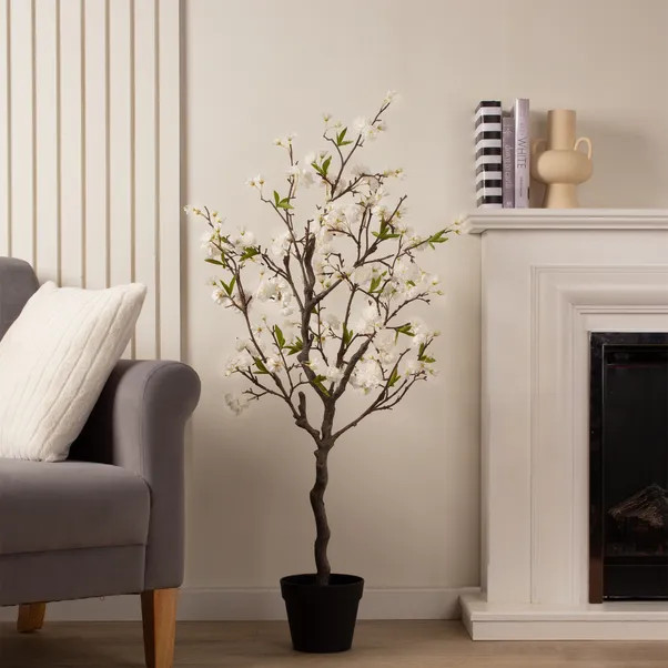 Artificial White Cherry Blossom Tree in Black Plant Pot | Dunelm
