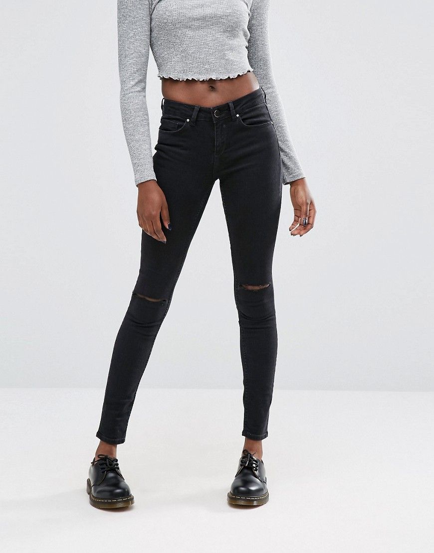 ASOS LISBON Skinny Mid Rise Jeans in Washed Black with Two Displaced Ripped Knees - Washed black | ASOS UK