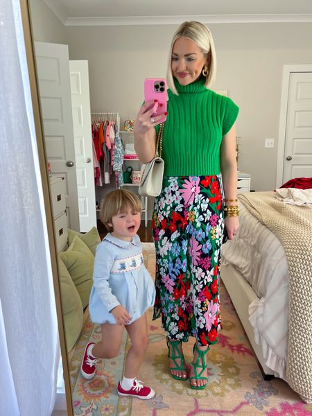 Spring Church outfit / spring outfit / colorful spring outfit / floral print midi skirt / green sweater
Top: XS, Skirt: XS 

#LTKstyletip #LTKSeasonal