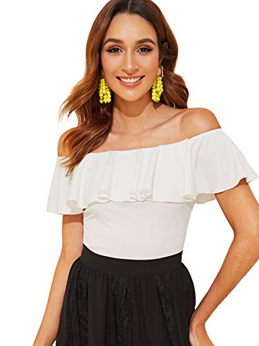WDIRARA Women's Stretchy Off Shoulder Flounce Sleeve Sexy Slim Blouse Tops Shirt White Small | Amazon (US)