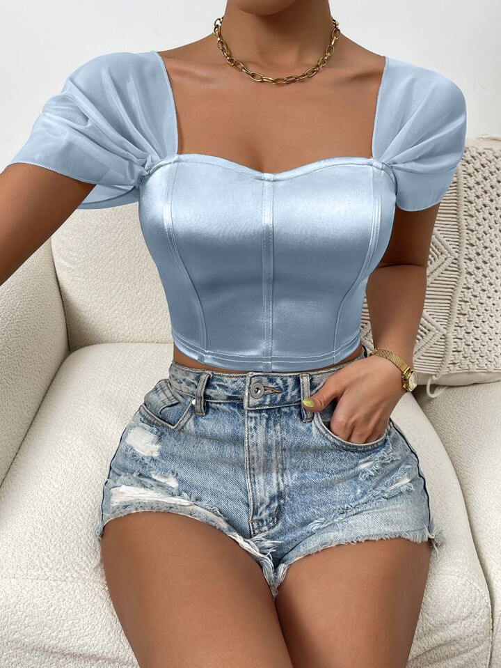 SHEIN BAE Sweetheart Neck Puff Sleeve Crop Satin Top | SHEIN