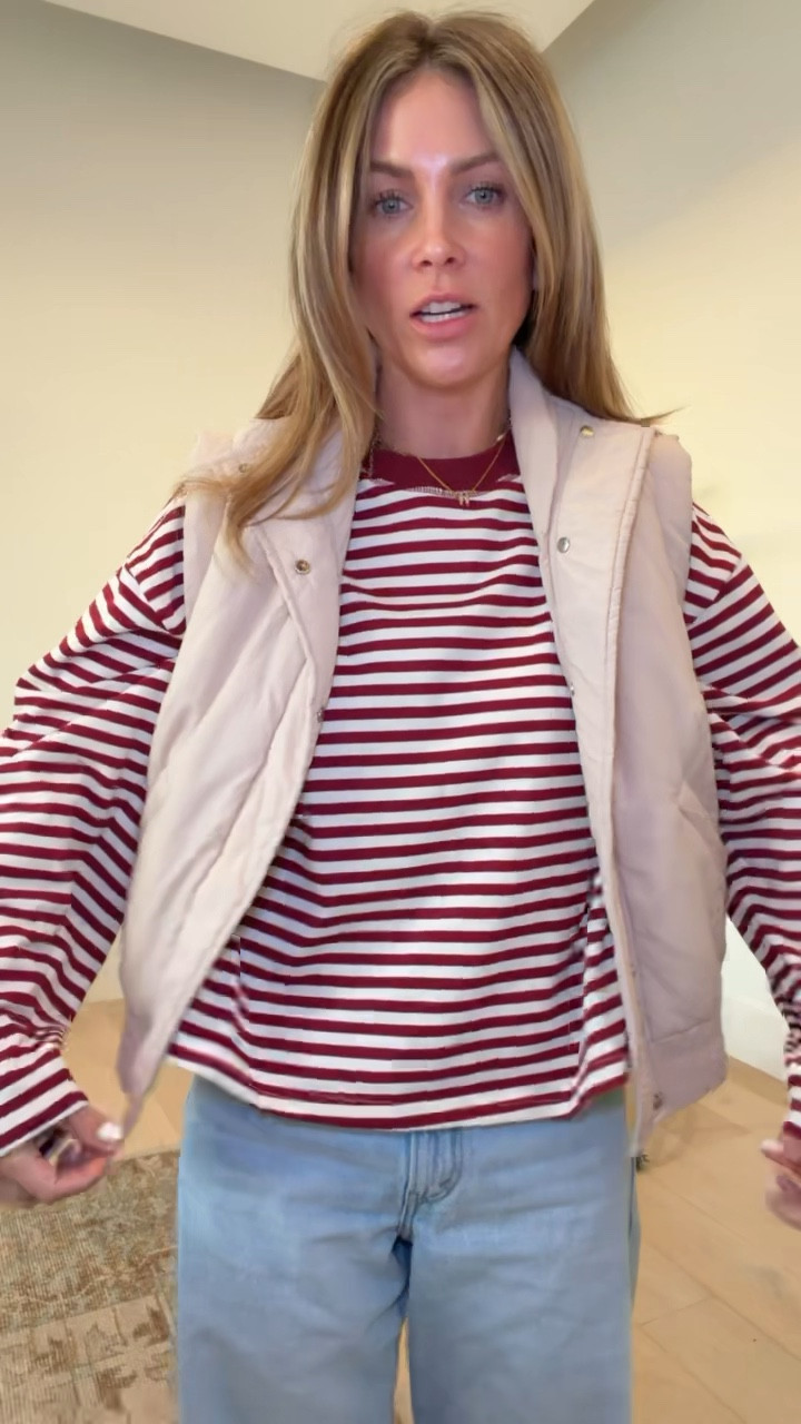 Today’s Amazon outfit! 
Amazon striped sweatshirt size small
Quilted vest size small
Levi’s cinch waist jeans size 26. I size up one size in these. 

🔍: Amazon fashion, Amazon finds, affordable fashion, budget friendly, casual outfit, winter style, Levi cinch waist jeans, striped sweatshirt, quilted vest, look for less, petite style, moms over 40 style, Texas content creator 

#LTKOver40 #LTKPetite #LTKootd