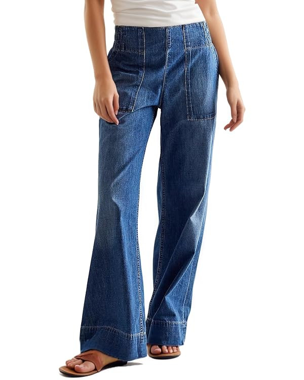 Womens Mid Rise Wide Leg Jeans Casual Baggy Pull-On Jeans Trendy Long Denim Pants with Pockets | Amazon (US)