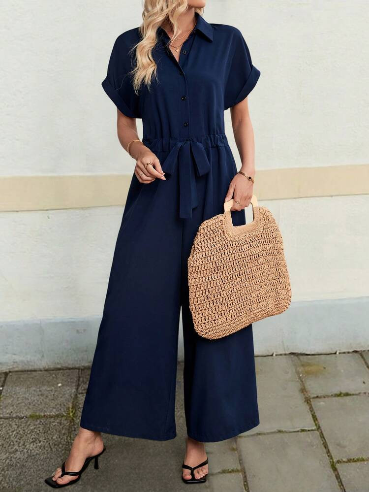 INAWLY Macacão Casual Feminino De Cor Sólida Com Botões, Amarração Na Cintura, Verão | SHEIN