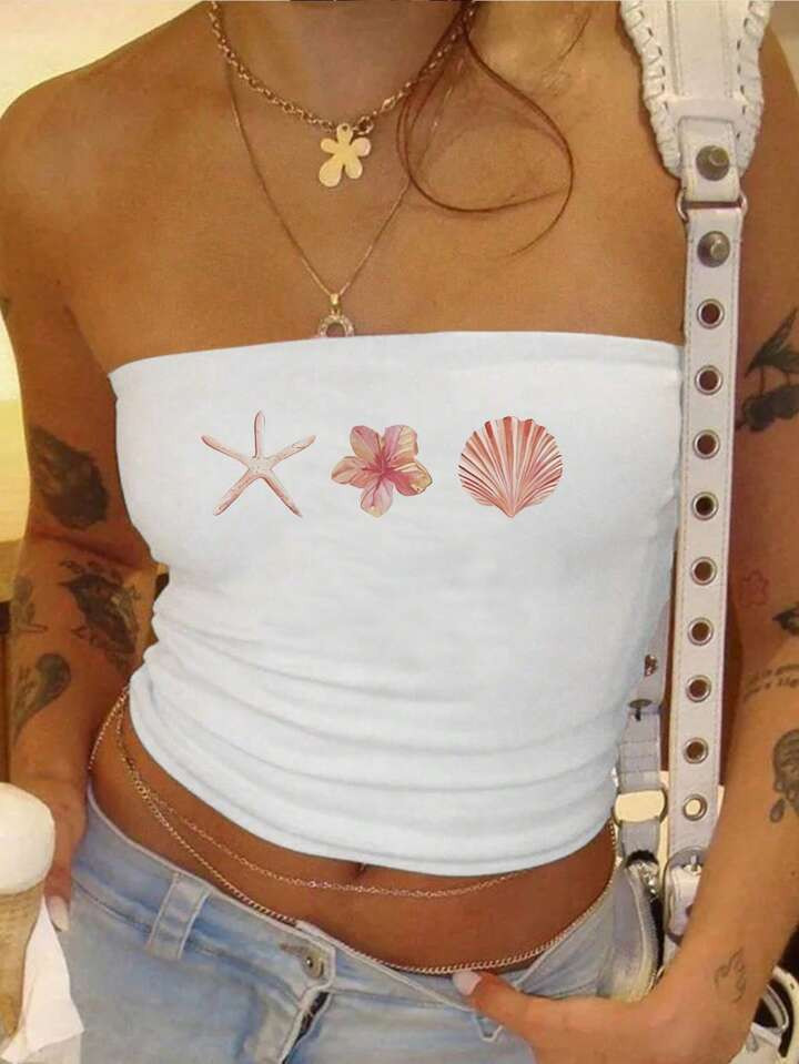 SHEIN EZwear Beach Vacation Ocean Starfish & Pearl Print Women Top, Suitable For Summer | SHEIN