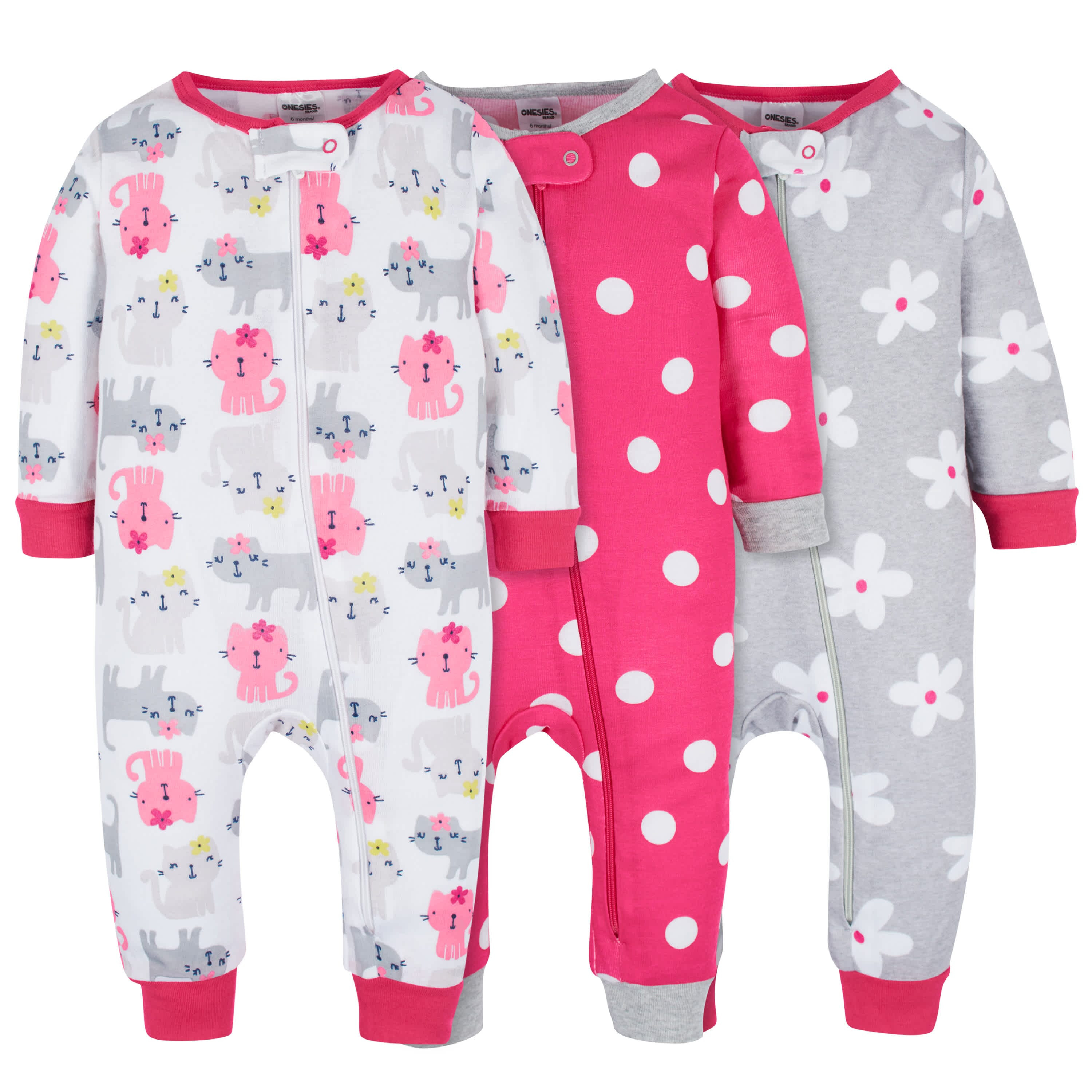 3-Pack Baby & Toddler Girls Dots & Kitties Snug Fit Footless Pajamas | Gerber Childrenswear