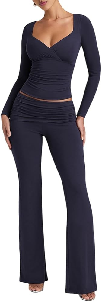 Lrady Womens 2 Piece Outfits Lounge Sets Lightweight Long Sleeve Crop Tops Fold Over Flare Pants ... | Amazon (US)