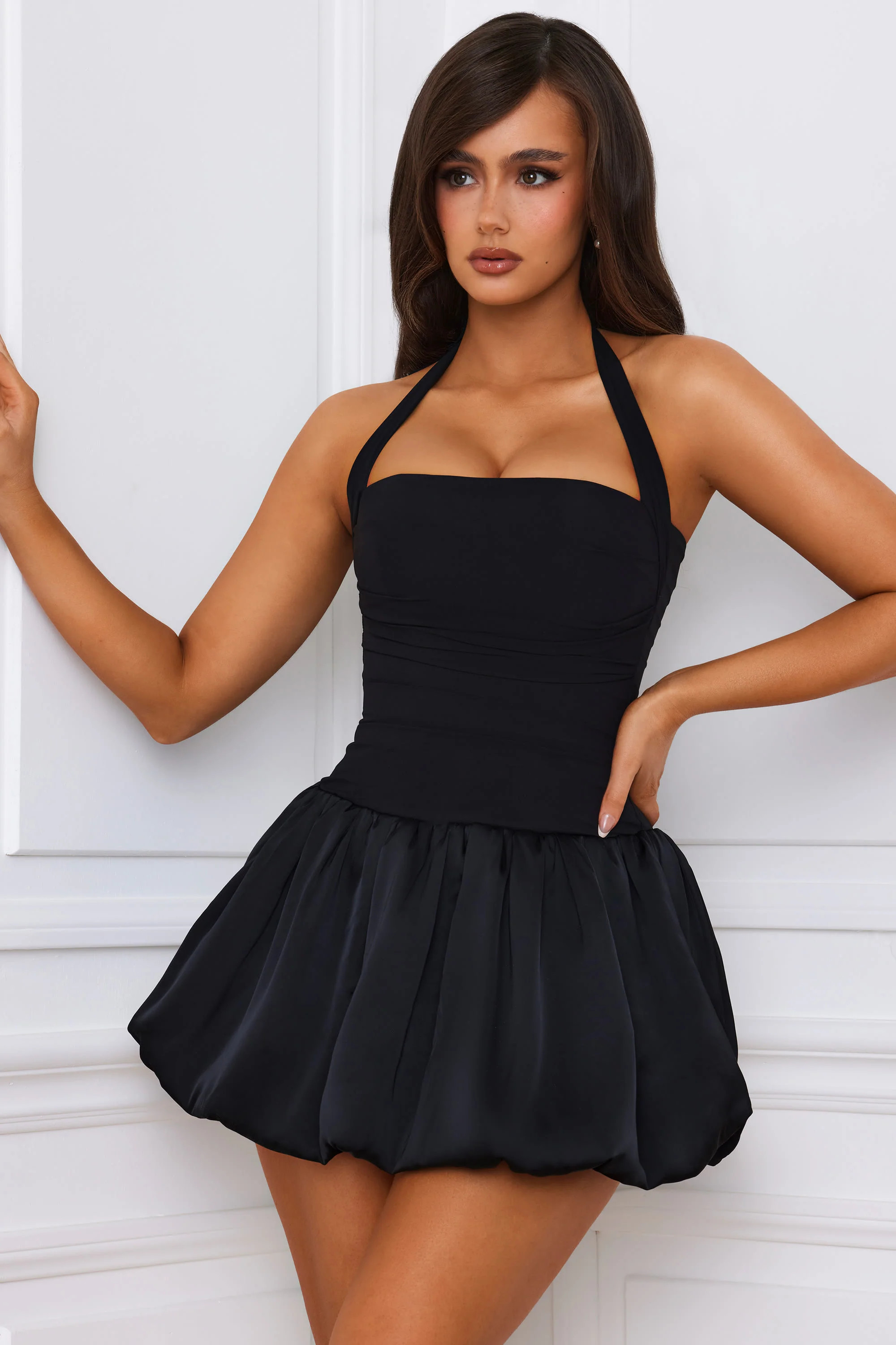 Halterneck Lace-Up Bubble Hem Corset Micro Mini Dress in Black | Oh Polly