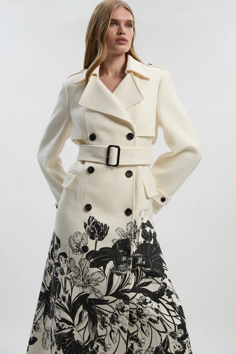 Jackets & Coats | Wool Placement Print Tailored Double Breasted Belted Midi Coat | KarenMillen | Karen Millen US
