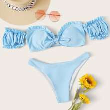 Knot Front Bardot High Cut Bikini Swimsuit | SHEIN