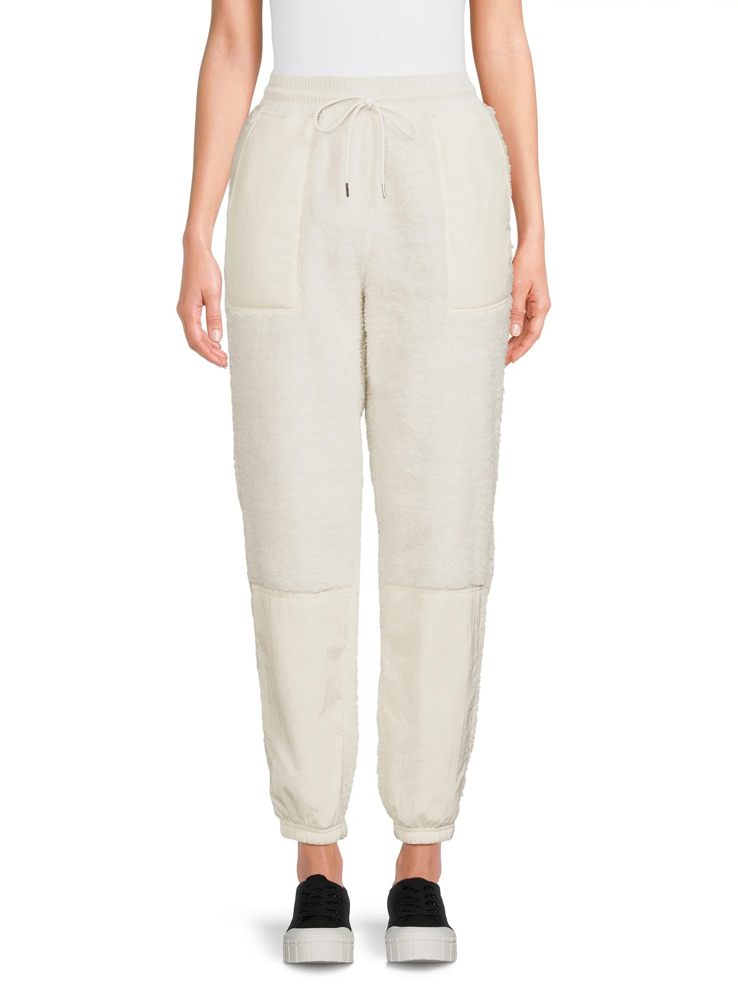 No Boundaries Juniors Mixed Fabric Faux Faux Shearling Jogger Pants, Sizes XS-XXXL | Walmart (US)