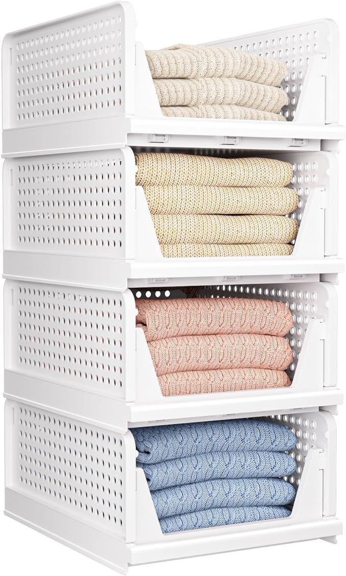 CTSNSLH 4 Pack Folding Closet Organizers Storage Box, Stackable Plastic Drawer Basket for Clothin... | Amazon (US)