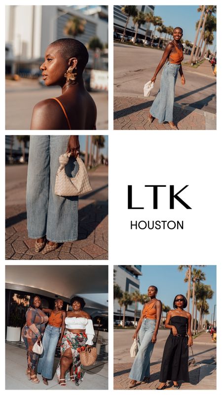 Summer brunch outfit! Flower tie back top, wide leg high rise denim jeans, gold flower clip on earrings and cream woven purse. 

#LTKStyleTip #LTKFindsUnder100