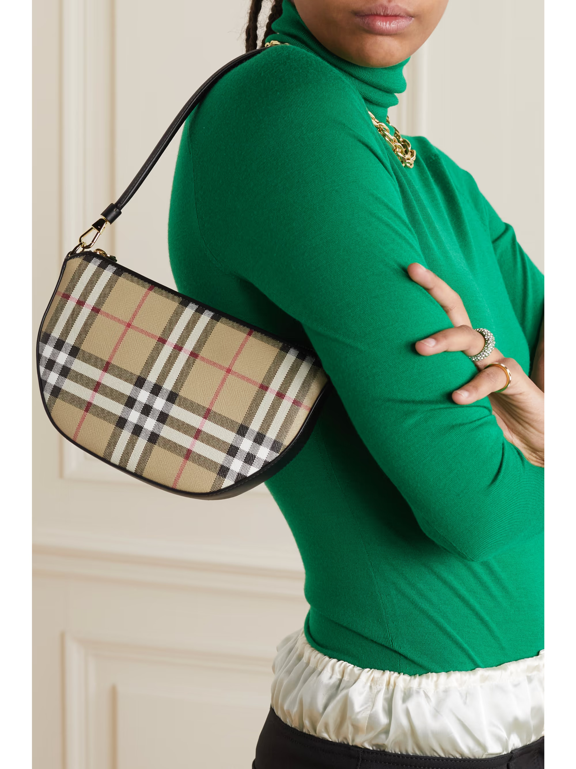 Leather-trimmed checked canvas shoulder bag | NET-A-PORTER (US)