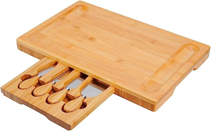Olebes Bamboo Cheese Board and Knife Set with Slid-out Drawer - Wood Charcuterie Platter Serving ... | Amazon (US)