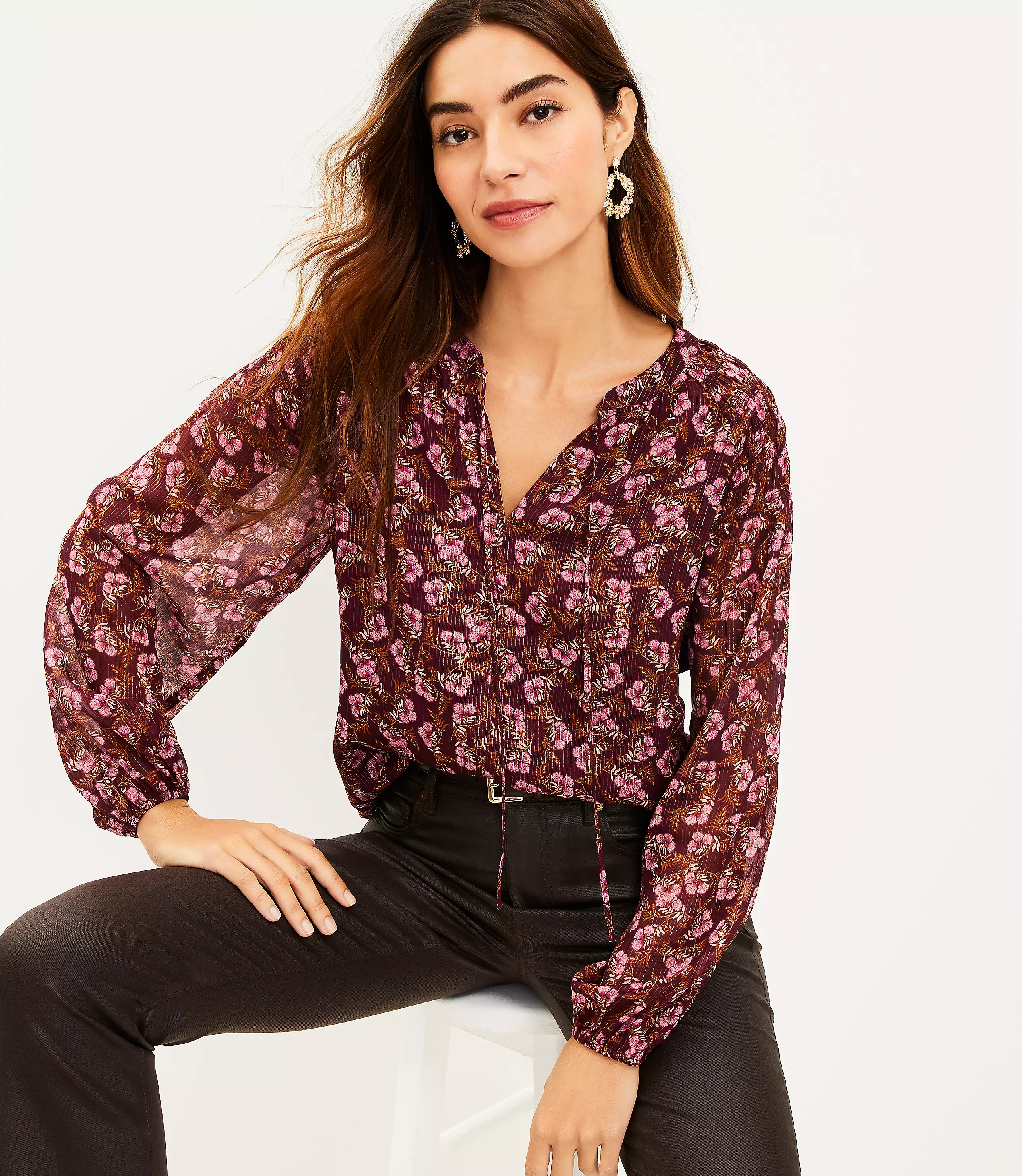 Shimmer Stripe Smocked Tie Neck Blouse | LOFT