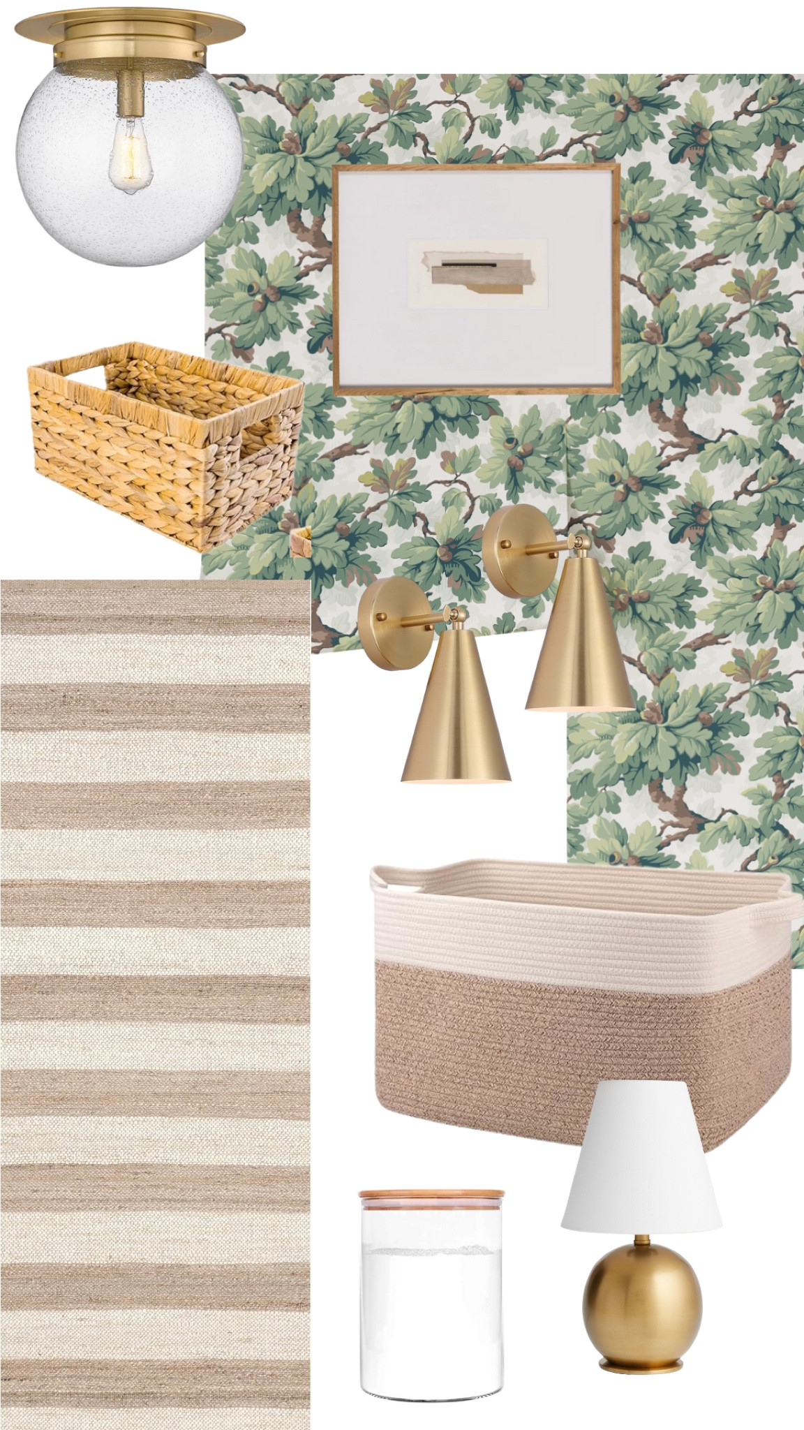 Laundry room, decor, peel and stick wallpaper, striped rug runner, woven baskets, gold, sconces, lamp, flush mount light

#LTKHome
