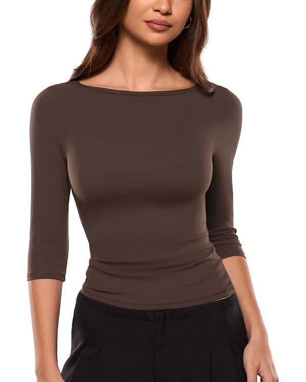 INLYRIC Women's Airsoft 3/4 Length Sleeve Tops Single Layer Crew Neck T Shirts Basic Tees Slim Fi... | Amazon (US)
