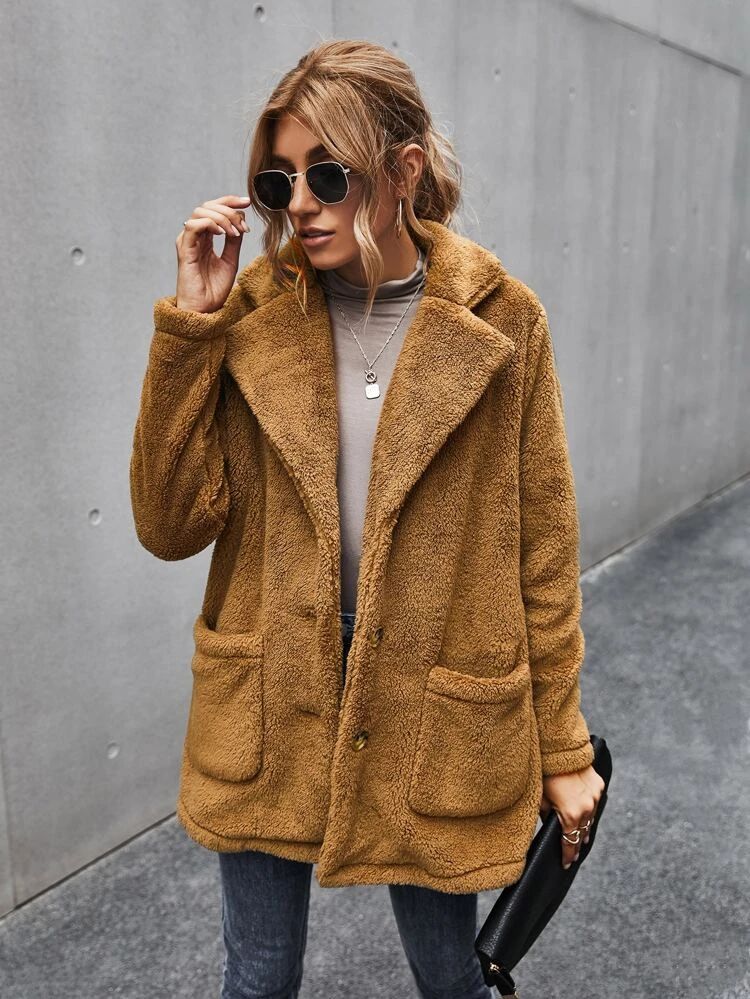 Button Front Double Pocket Teddy Coat | SHEIN