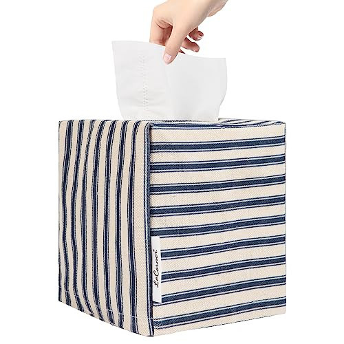 Tissue Box Cover, Fabric Tissue Box Holder Square, Stylish Toilet Paper Storage, Modern Bathroom Counter Organizer Decorations Accessories,Ticking Stripe 5''x5''x5'' (Navy Blue) | Amazon (US)