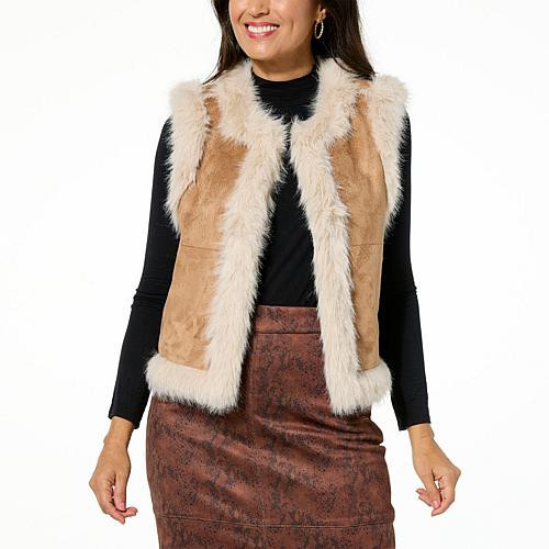 Jaclyn Smith Faux Suede Vest with Faux Fur Trim - Tan - Size X-Large | HSN