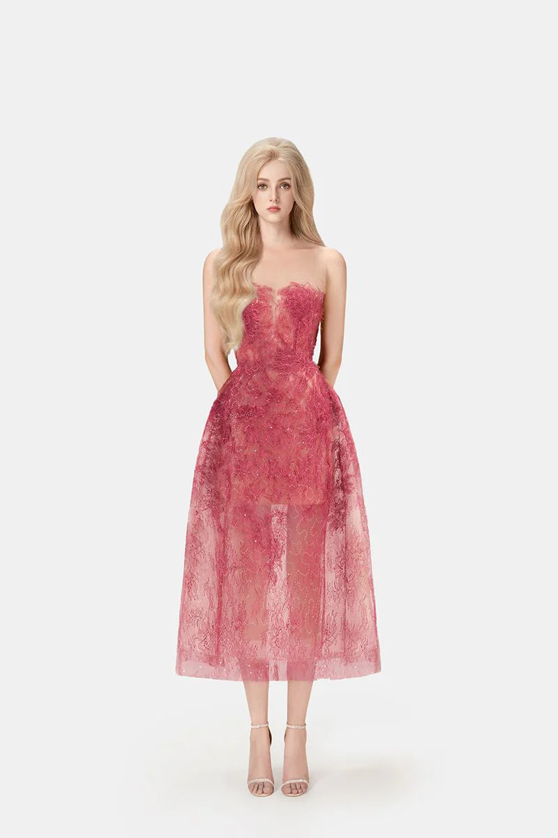 RED BEADED LACE MIDI DRESS | Montsand | CULT MIA | CULT MIA UK LTD