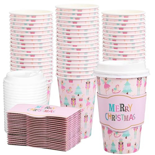 Whaline 50Pcs Merry Christmas Disposable Coffee Cups with Lids and Sleeves Pastel Pink Nutcracker Paper Drinking Cup for Xmas Birthday Party Supplies | Amazon (US)