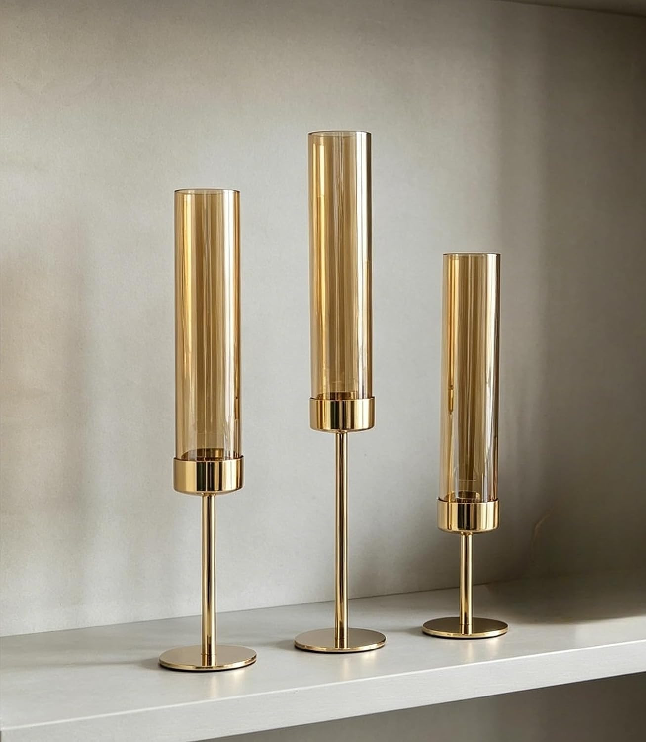 Hurricane Candle Holders Brass Gold Candlestick Holders Tall Taper Candle Holders for Candlesticks Candle Sticks Holder Decor for Table Centerpiece Wedding Party Decorations (Gold-Glass 3pcs) | Amazon (US)