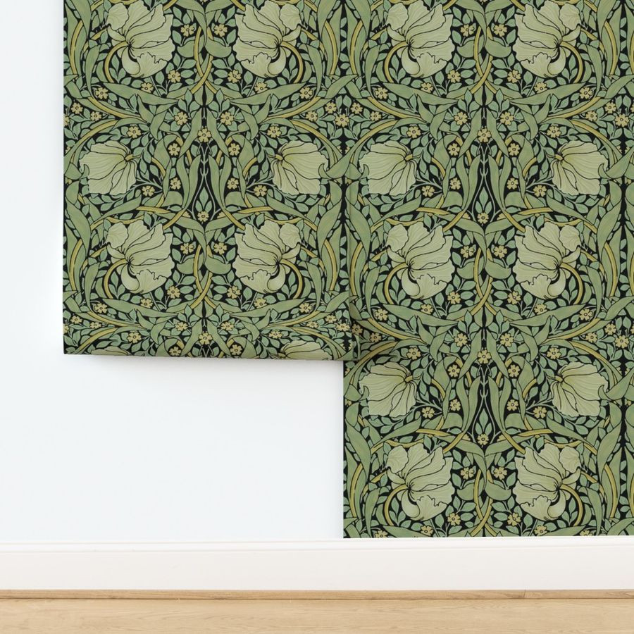 William Morris ~ Antiqued Pimpernel ~ Original on Black Wallpaper bypeacoquettedesigns | Spoonflower