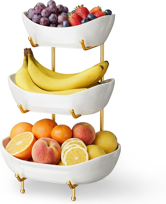 3 Tier Ceramic Fruit Bowl for Kitchen Counter – Fruit Basket with Gold Metal Stand, Fruit Holde... | Amazon (US)
