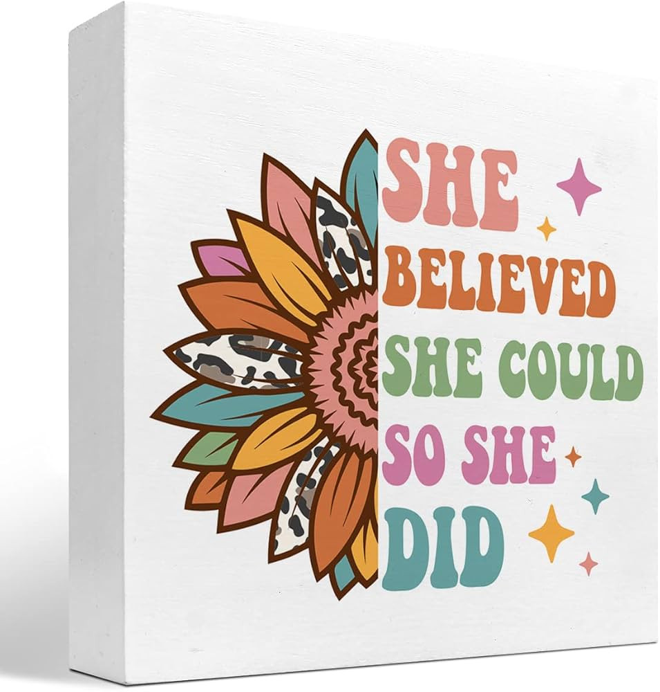 z-crange She Believed She Could so She Did Motivational Wood Box Sign Desk Decor,Retro Groovy Pre... | Amazon (US)