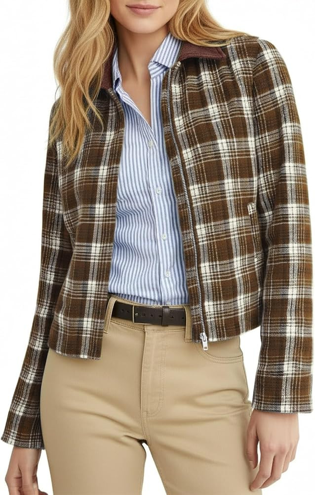 Tankaneo Womens Plaid Cropped Jackets Barn Lightweight Flannel Zip Up Utility Coat Casual Short J... | Amazon (US)