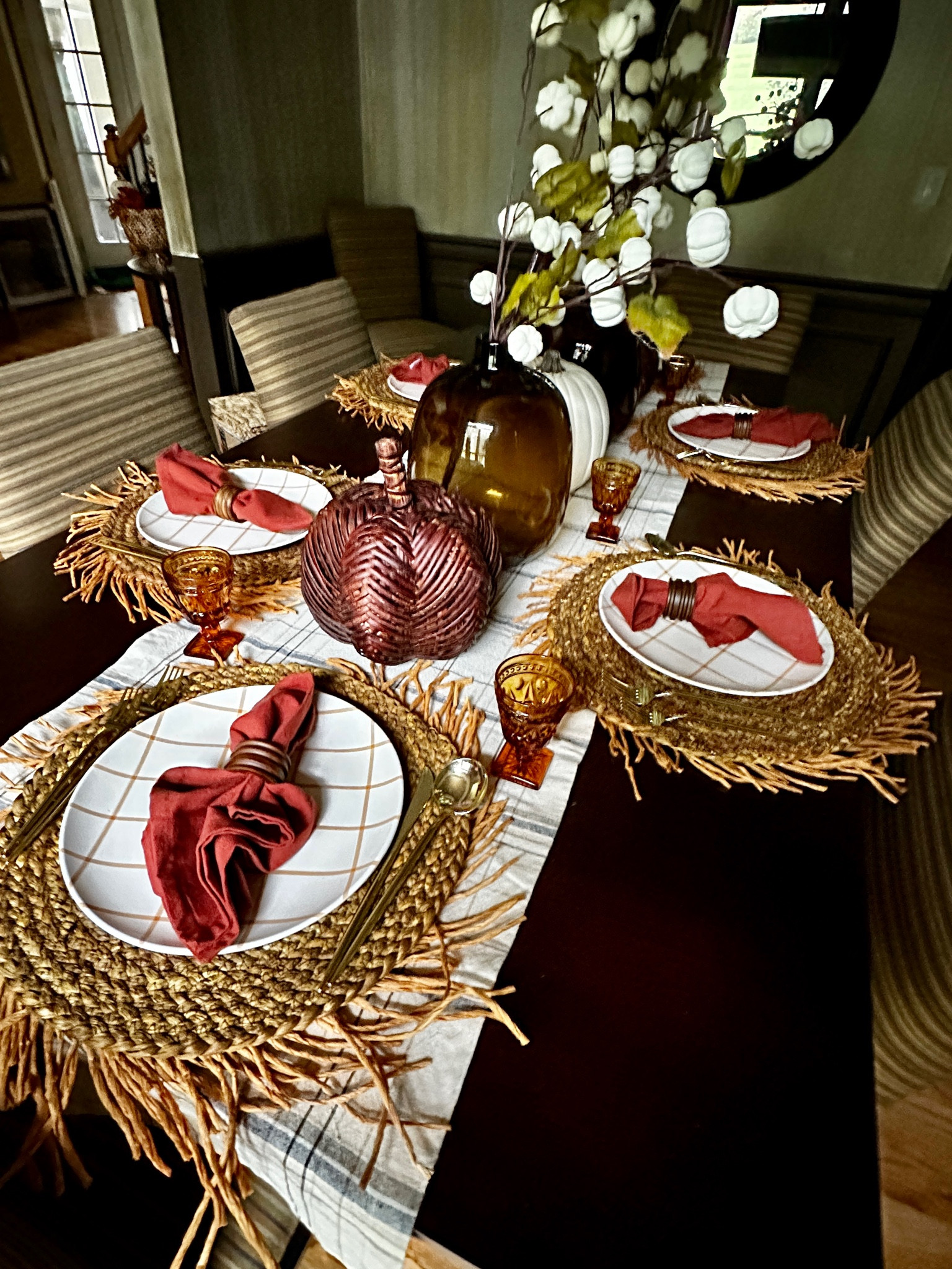 Fall Dining Room - Casual Elegance
Fall Charger Table Runner Brown Glass Vase Gold flatware Orange Napkins Wood Napkin Rings Vintage Gold Drinking Glasses#LTKstyletip #LTKhome

#LTKSeasonal
