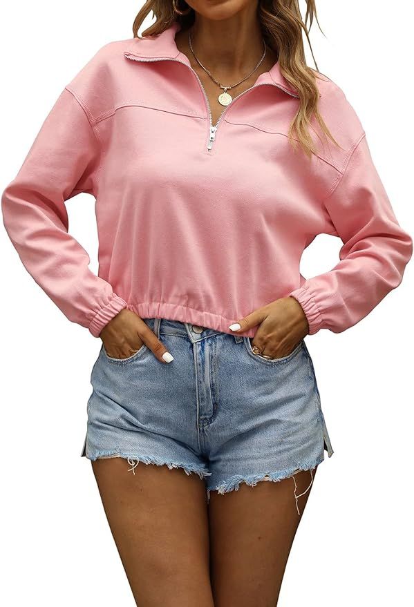 ADREAMLY Women Casual Long Sleeve Collar Sweatshirt Half Zip Pullover Crop Top | Amazon (US)