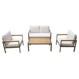 Ribe 4-Piece Aluminum Patio Set with Wood Accents and Beige Cushions ODK-RIB-BEI | The Home Depot