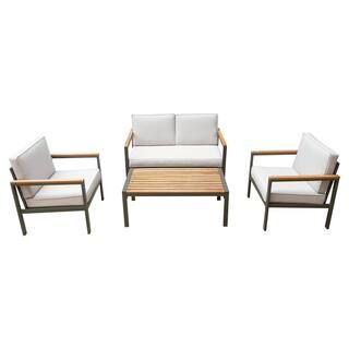 Ribe 4-Piece Aluminum Patio Set with Wood Accents and Beige Cushions ODK-RIB-BEI | The Home Depot